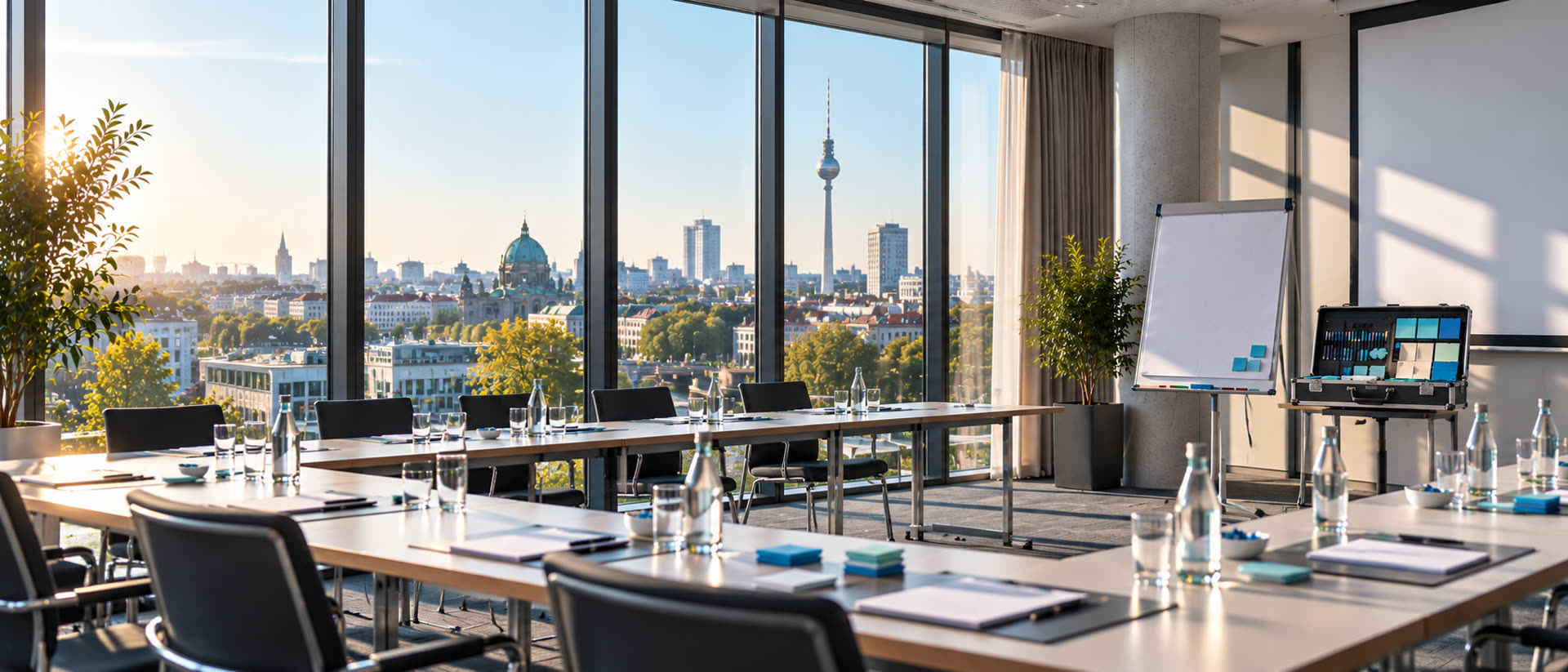 Heller Seminarraum mit Blick über Berlin, vorbereitet für ein Training